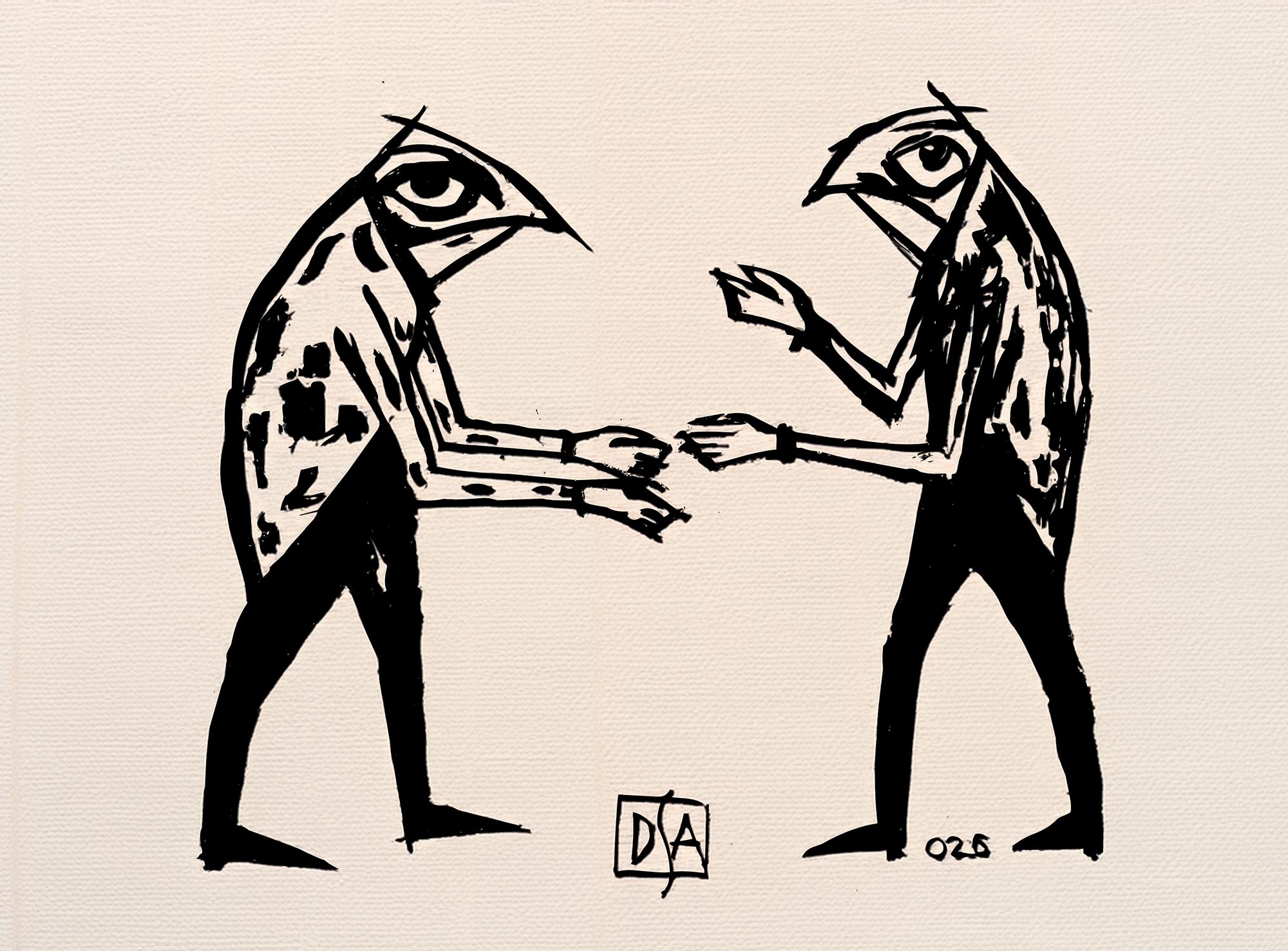 Dialog, 2025, ink on paper: two bird-headed figures facing each other, hands almost touching, with the artist’s monogram.