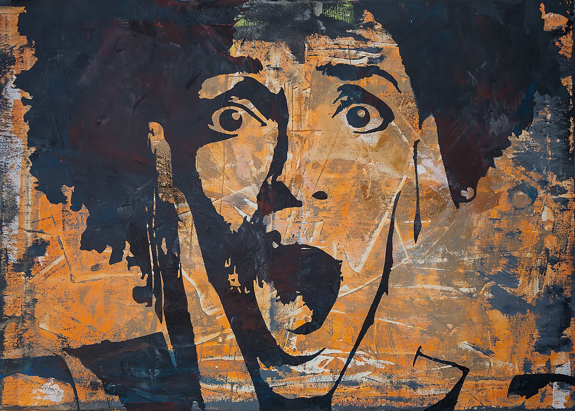 Painted face with wide eyes and open mouth in dark blue over a scraped orange ground.
