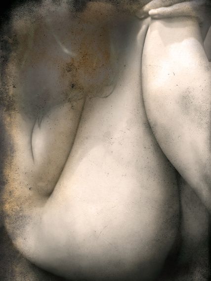 A body folded over itself, arms around the knees, in pale stone tones.
