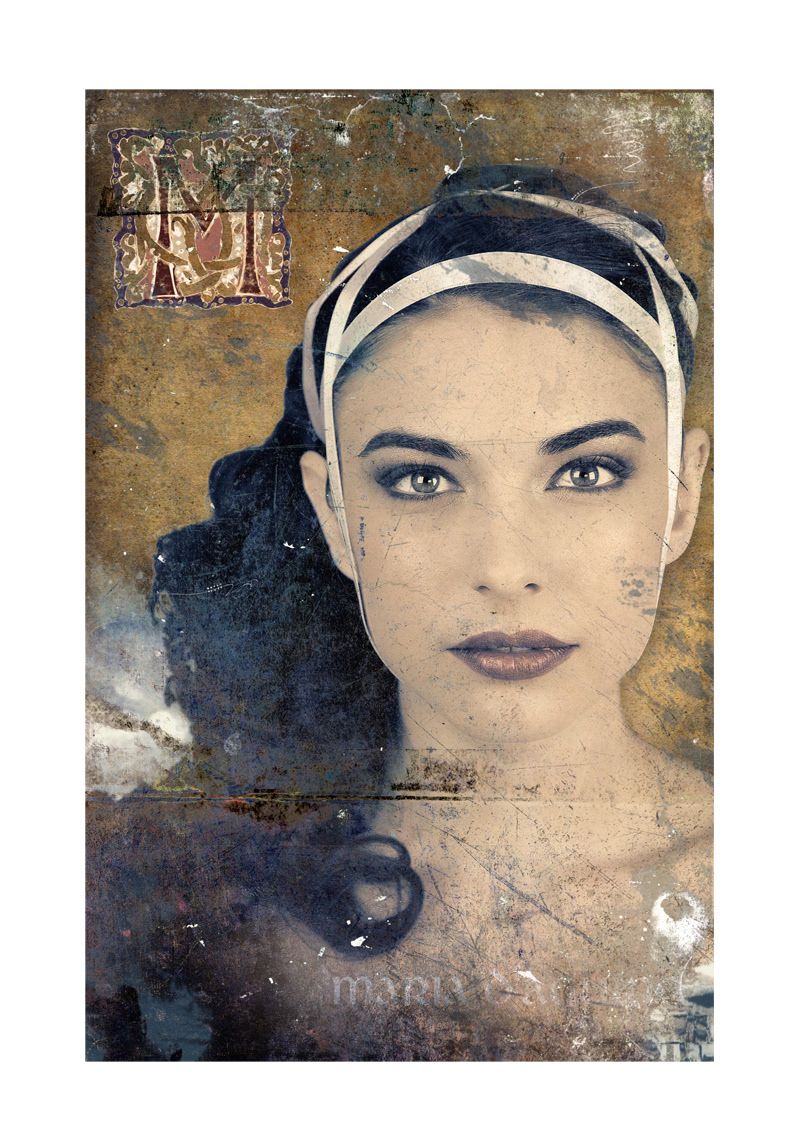 A young woman with a striped headband and dark hair, an illuminated letter M above her, on weathered ochre.