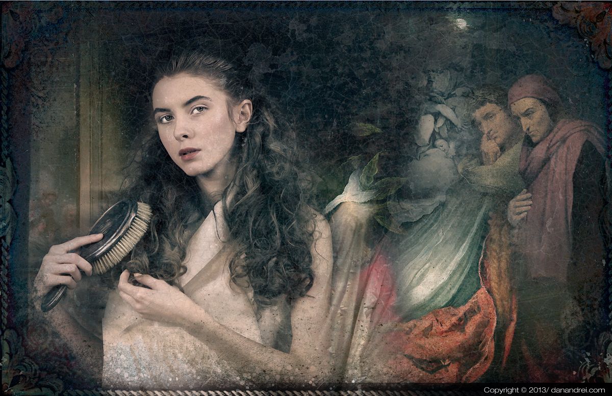 A young woman brushing her long hair beside a Renaissance painting of Dante and Beatrice.