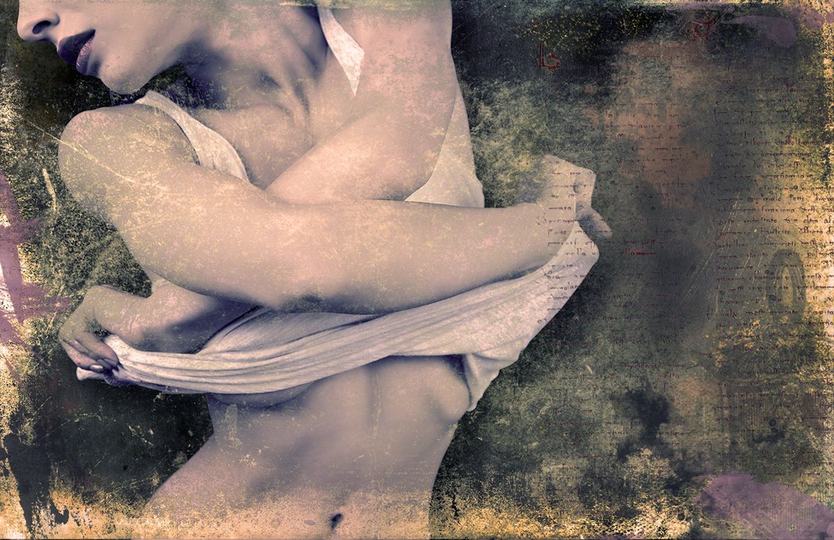 A woman with bare shoulders pulling a white cloth to her chest, over stained green and violet.
