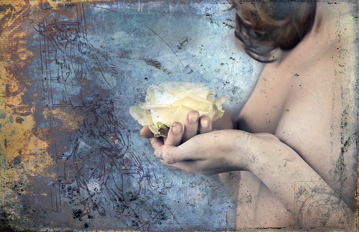 Bare shoulders and hands holding a white rose against a mottled blue ground.
