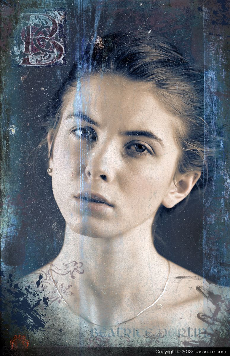 A young woman with her hair pinned up looking ahead, an illuminated letter B above her, in cool blue.