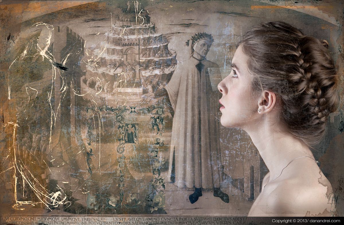 A young woman with braided hair in profile facing a robed figure of Dante, before a drawn tower.