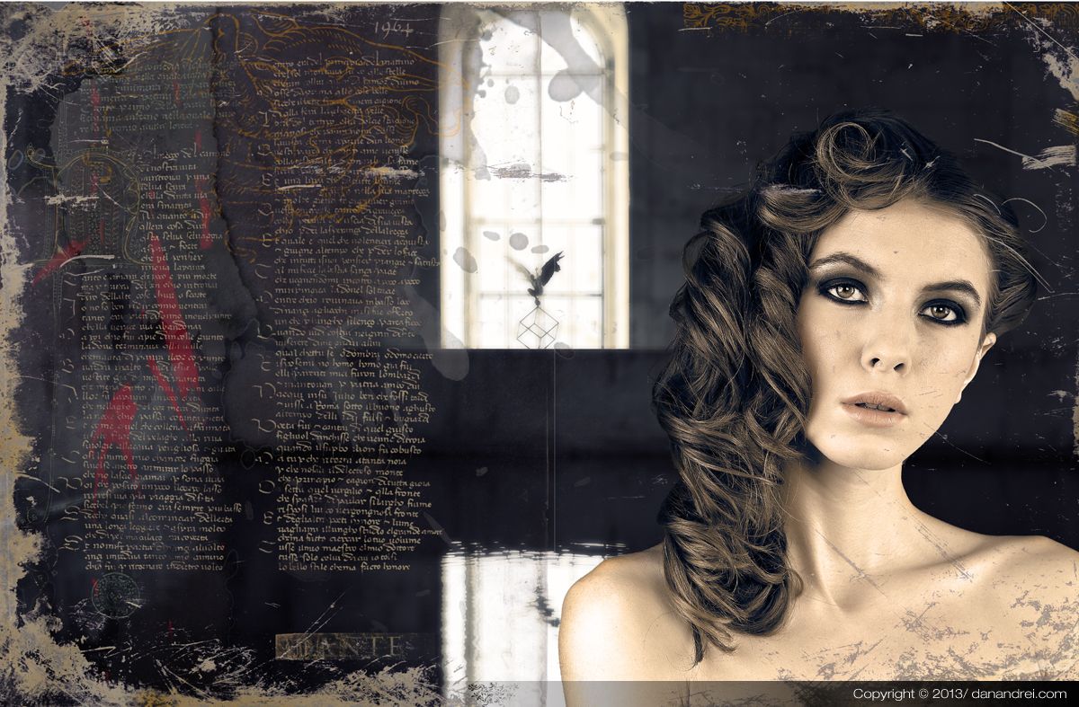 A young woman with long curls in a dark church interior, a pale arched window behind her.