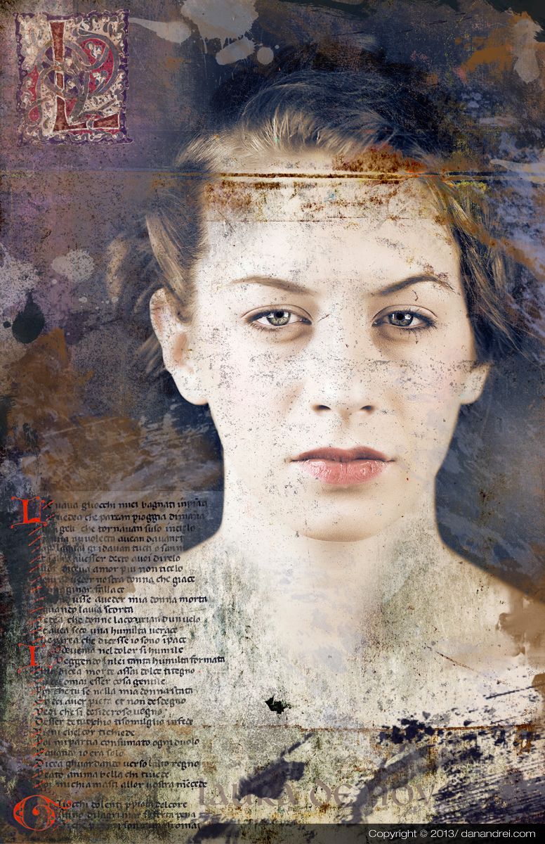 A woman's face over handwritten text and stains, an illuminated letter above her.