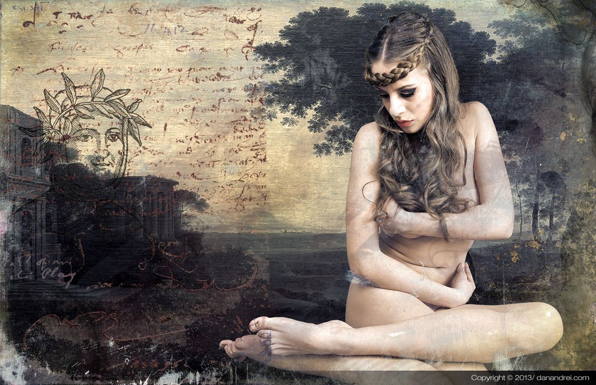A nude young woman with a braided crown sitting cross-legged, before a dark landscape and old script.