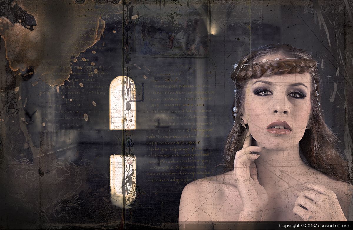 A young woman with a braided crown touching her face, in a dim stone interior.