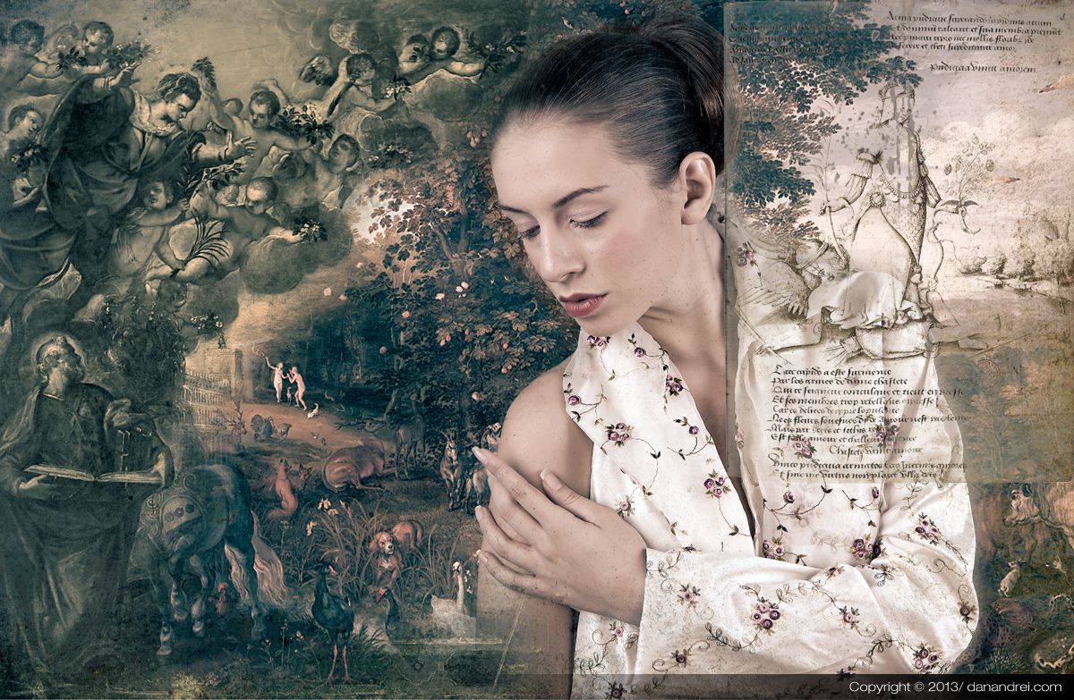 A young woman in a floral blouse with eyes lowered, before a painted crowd of angels.