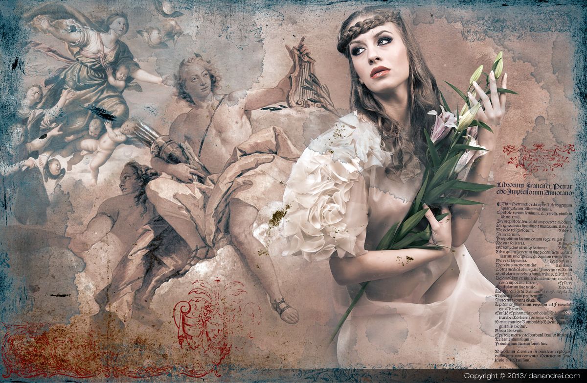 A young woman holding white lilies among painted cherubs and old text.
