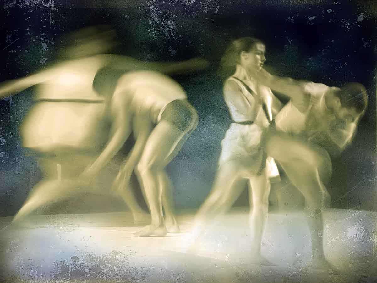 Dancers caught mid-movement in pale green-grey tones with aged texture.