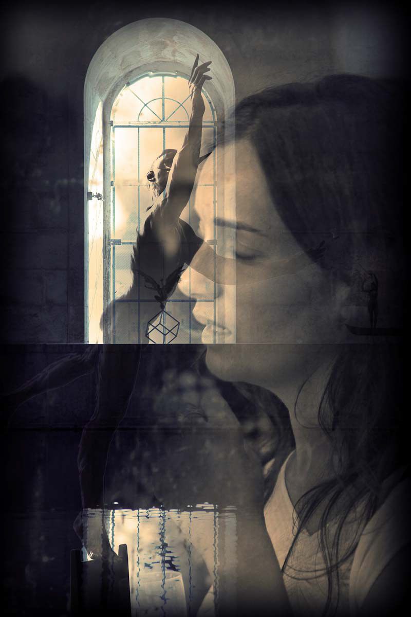 A woman's face in profile overlaid with a dancer leaping in an arched window.