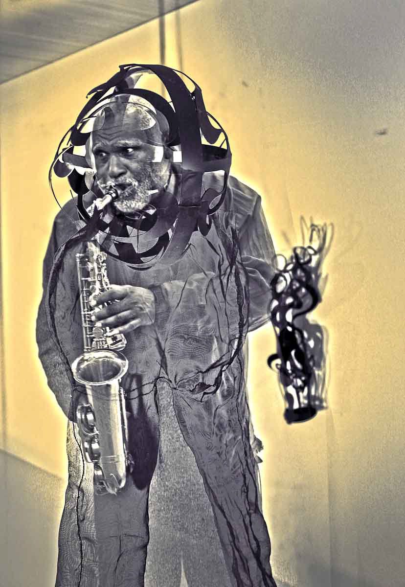 A saxophonist wearing a headdress of black ribbons, in high-contrast blue and cream.